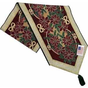 Manual Star Table Runner Christmas Poinsettia Ribbon Tapestry Red Shiny G Thread